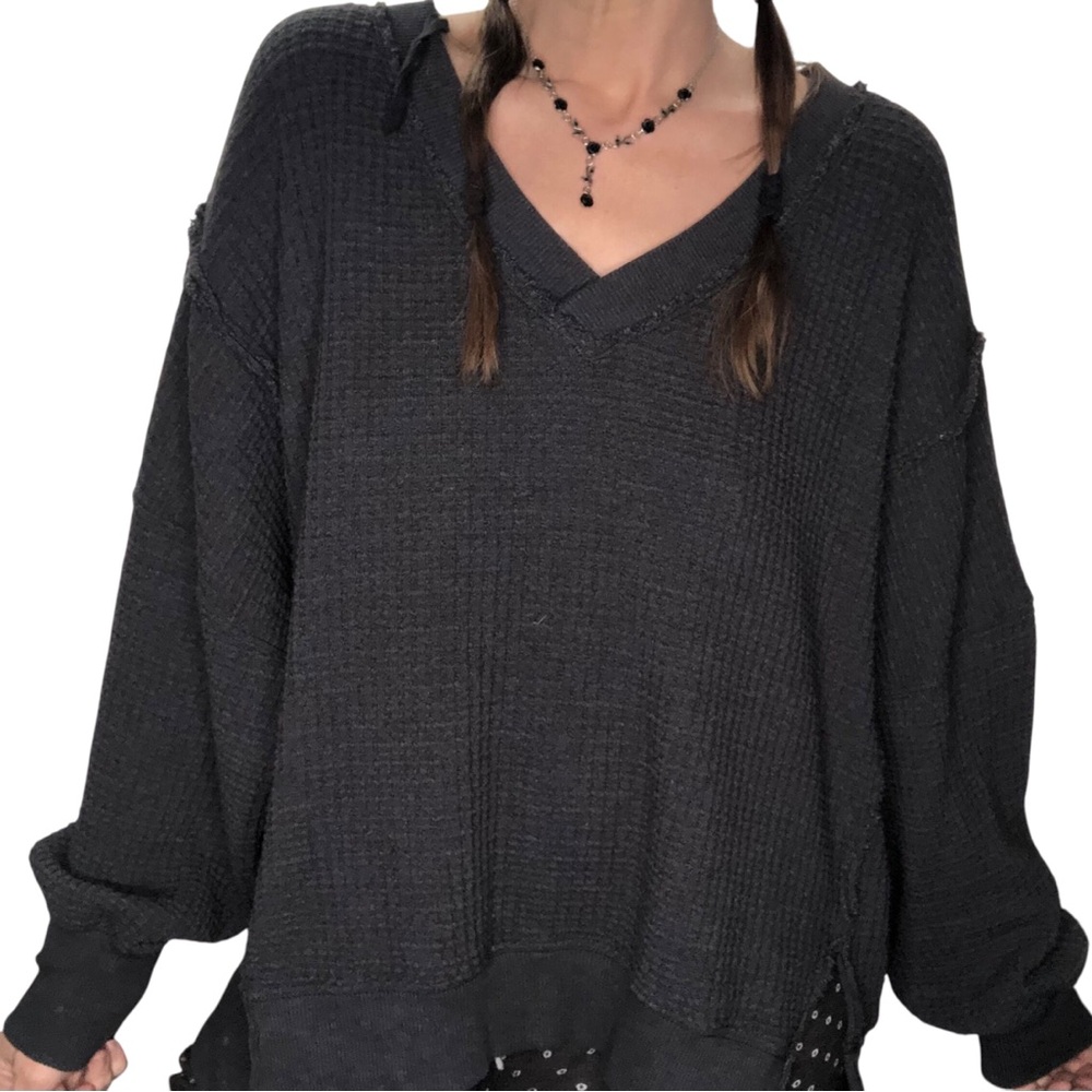 American Eagle Seriously Lived In Waffle Knit Oversized Sweatshirt Sz S Gray